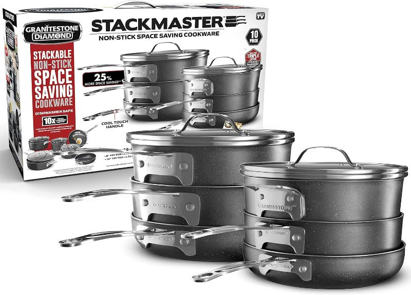 Photo 1 of Granitestone Original Stack Master 10 Piece Cookware Set, Triple Layer Nonstick Granite Stone with Diamond infused Coating, Dishwasher Oven Safe, Non-Toxic Pots and Pans, Large, Black
