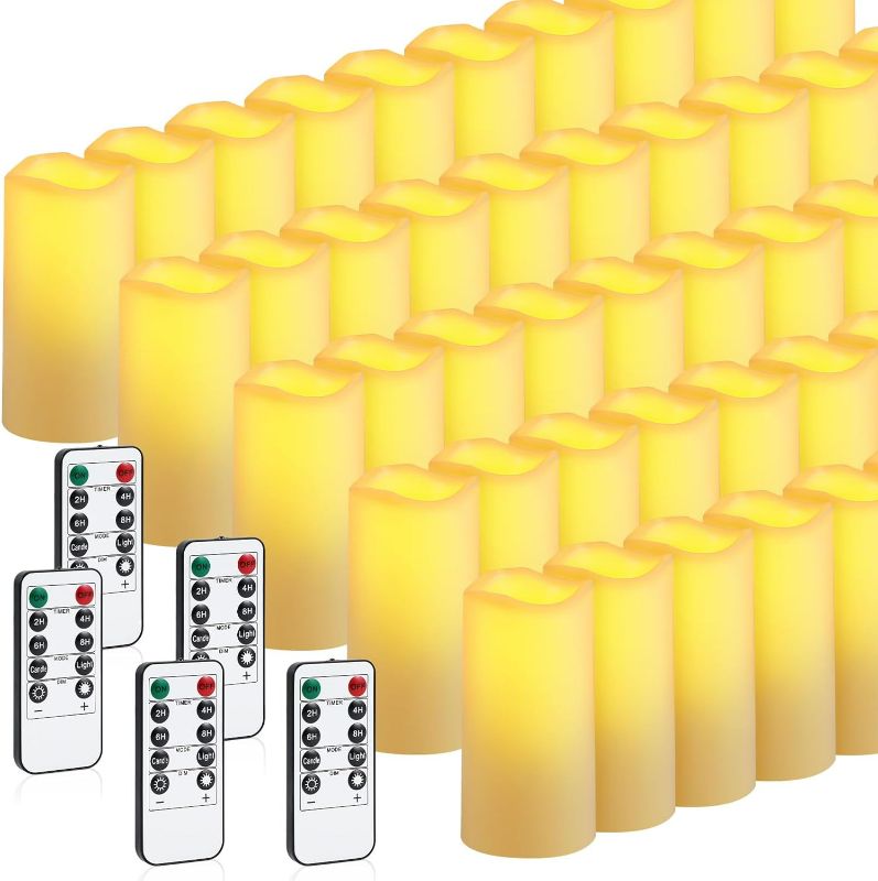 Photo 1 of 50 Pcs Flameless Candles Bulk LED Flickering Candles with 5 Pcs 10 Key Remote 3'' x 6'' Pillar Battery Operated Candles Set Tealight Candles for Wedding Decor, Fireplace, Votive, Ivory
