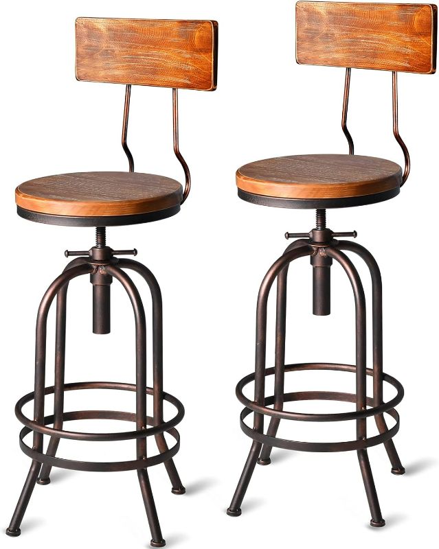 Photo 1 of Set of 2-Industrial Bar Stools-Swivel Wooden Seat-Bar Counter Height Adjustable 26-32.2inch-Kitchen Dining Chairs

