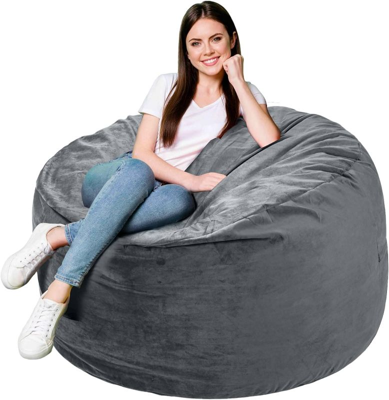 Photo 1 of 4 Foot Memory Foam Filled Bean Bag Chair with Removable Velvet Cover, Dark Grey
