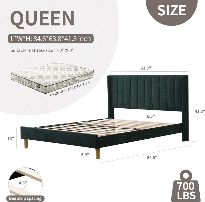 Photo 1 of YUHUASHI upholstered Platform Bed Frame/Twin Bed Frame/Modern Geometric Double-Wing Design headboard/Flannel and Linen Fabric/Easy to Assemble no Noise (Ink Green, Queen (U.S. Standard))
