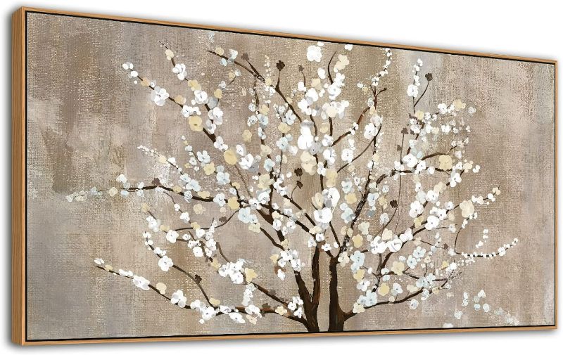 Photo 1 of Framed Flower Canvas Wall Art Plum Blossom Flowers Canvas Pictures for Living Room Bedroom Wall Decor Abstract Floral Artwork Canvas Prints Home Office Wall Decorations 24" x 48" Natural
