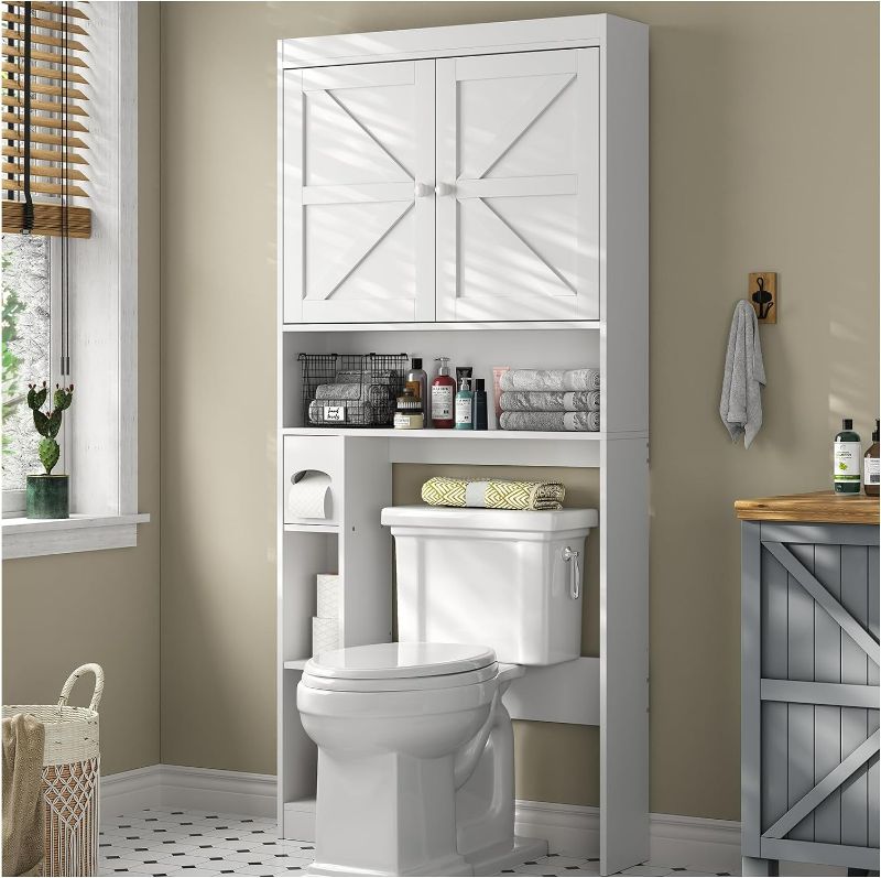 Photo 1 of Over The Toilet Storage Cabinet with Shelves and Doors, 32.3''W Free Standing Toilet Shelf Space Saver with Anti-Tip Design and Adjustable Bottom Bar, White
