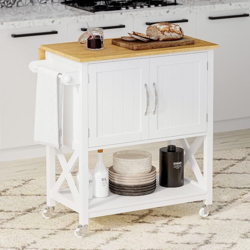 Photo 1 of Spirich Kitchen Island on Wheels, Rolling Kitchen Cart with Storage Cabinet, Small Kitchen Island with Drop Leaf and Towel Rack, White
