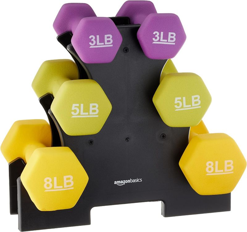 Photo 1 of Amazon Basics Neoprene Conted Mexagon
Workout Dumbbell Color Coded Hand Weight with Storage Rack, 20 Pounds (3 Pairs set of;
3, and 5 Pounds), Multicolor