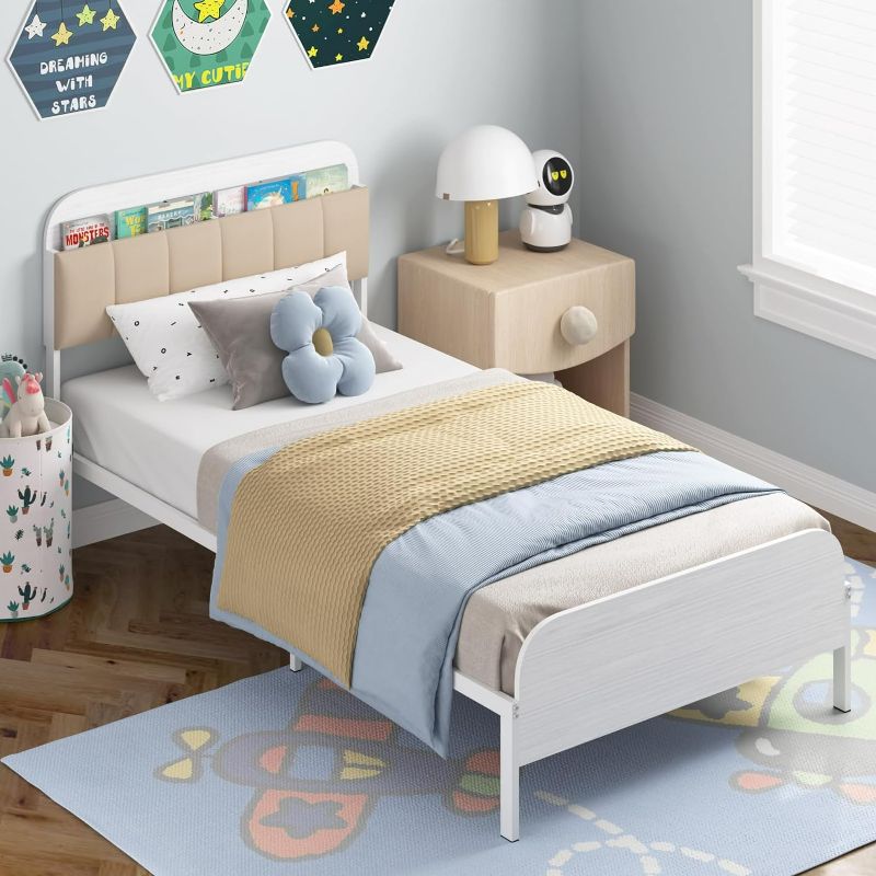 Photo 1 of Timy Kids Twin Bed Frame with Bookcase Headboard, Metal Platform Bed Frame with Upholstered Headboard for Boys Girls Teens Adults, No Box Spring Needed, White
