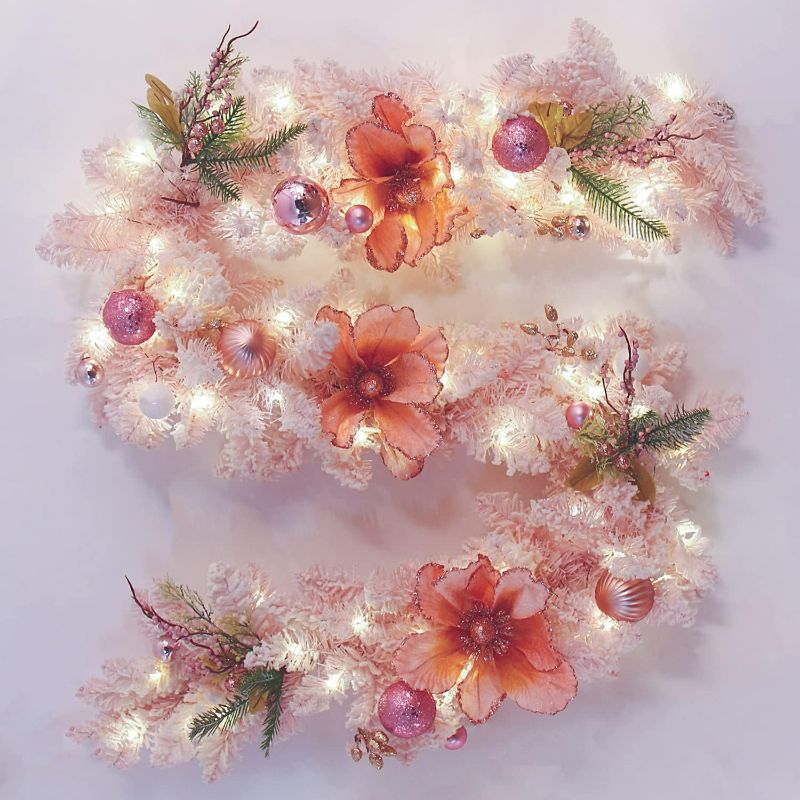 Photo 1 of CCINEE 5.9ft Pink Artificial Christmas Garland, 160 Tips Flocking Xmas Wreath with 50 LED Lights Battery Operated fashion Style for Indoor Outdoor Fireplace Doorway Home Porch Holiday Party Decoration
