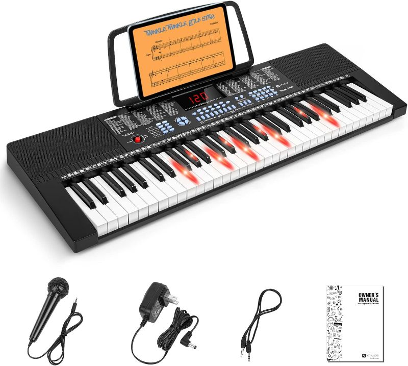 Photo 1 of Vangoa Piano Keyboard 61 Key, Learning Lighted up Music Keyboard Piano for Kid Boy Girl Beginner, Electronic Piano Kit with Microphone, 3 Teaching Modes, 350 Tones, 350 Timbres, Black, VGK611
