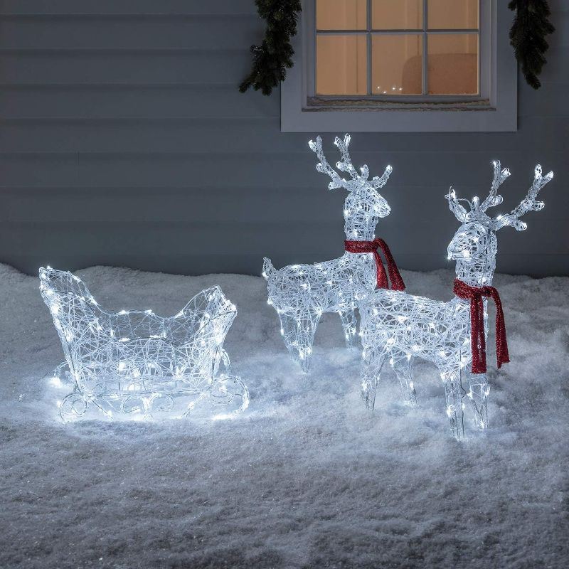 Photo 1 of Lights4fun, Inc. Reindeer & Sleigh 240 LED Pre-Lit Battery Operated Acrylic Christmas Light Up Figures Holiday Indoor Outdoor Decoration
