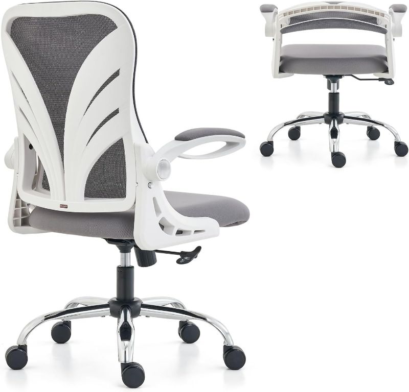 Photo 1 of Ergonomic Office Chair with Foldable Backrest, Computer Desk Chair with Flip-up Armrests, Mesh Lumbar Support and Tilt Function Big and Tall Office Chair, White
