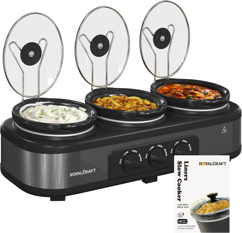 Photo 1 of Slow Cooker with 10 Cooking Liners, 3 in 1 Buffet Servers Dips Pot, Food Warmers for Parties with 3 Spoons, Lid Rests, Removable Oval Ceramic Pots, Total 4.5QT Grey
