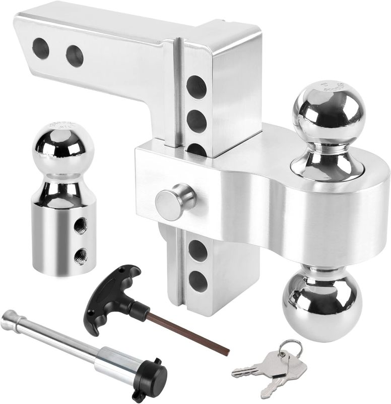 Photo 1 of Adjustable Trailer Hitch Replaceable Tri Balls (1-7/8", 2", 2-5/16"), Fits 2 Inch Receiver, 6-Inch Drop/Rise Aluminum Drop Hitch, 12500LBS, Silver Tow Hitch with Double Anti-Theft Pins Locks
