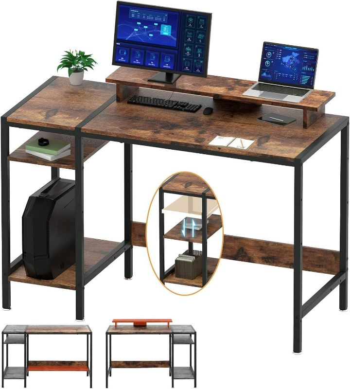 Photo 1 of Gaming/Computer Desk - 47” Home Office Small Desk with Monitor Stand, Rustic Writing Desk for 2 Monitors, Adjustable Storage Space, Modern Design Corner Table.
