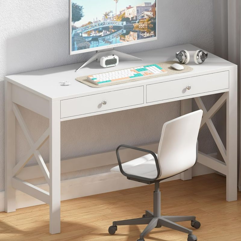 Photo 1 of ChooChoo Computer Desk Study for Home Office, Modern Simple 40 Inches White Desk with Drawers, Makeup Vanity Console Table
