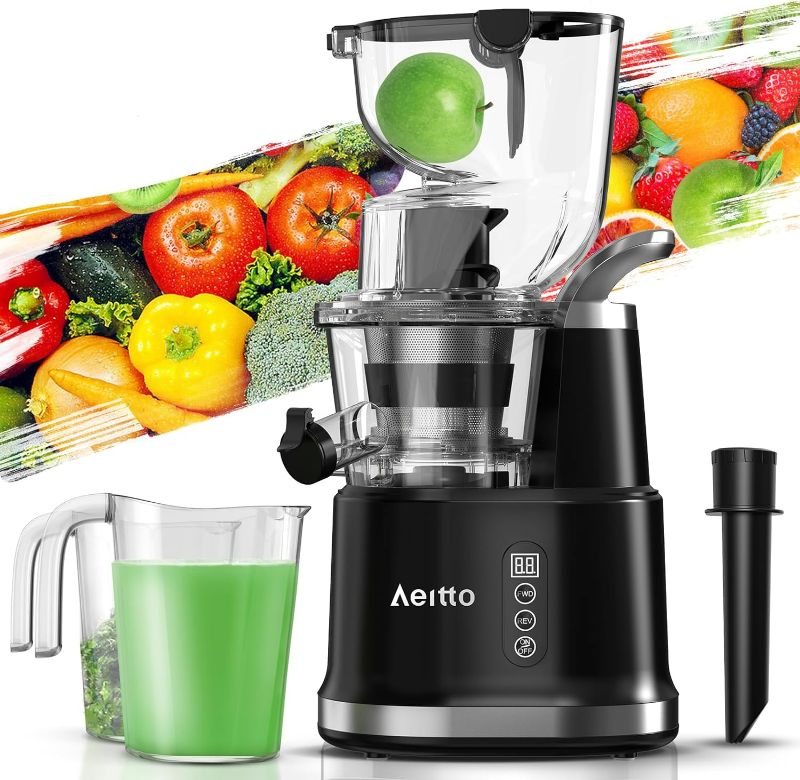 Photo 1 of Aeitto Cold Press Juicer, Whole Vertical Juicer, Slow Masticating Juicer Machines, with Big Wide 83mm Chute, Cold Press Juicer for Whole Fruits and Vegetables, Juicer Machine BPA-Free, Black

