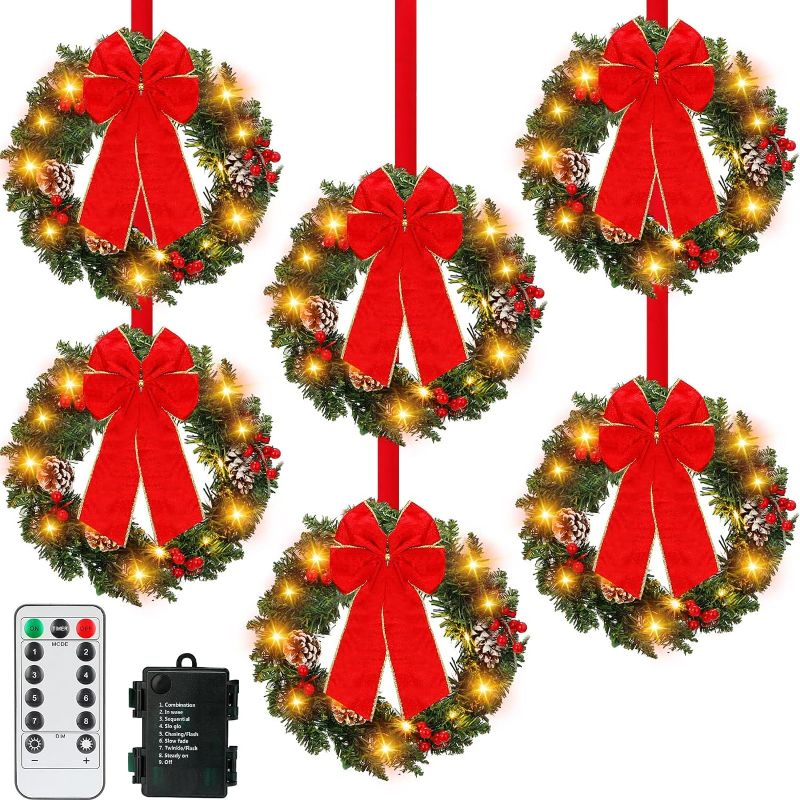 Photo 1 of Set of 6 Prelit Lighted Christmas Wreath 15 Inch Prelit Christmas Wreath with Large Buffalo Bow Battery Operated with 8 Modes Timer Remote Holiday Indoor Outdoor Decor Home Front Door(Retro)
