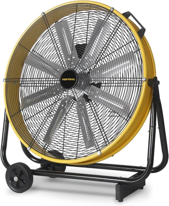 Photo 1 of VENTISOL 24 Inch Industrial Floor Drum Fan, 8600 CFM Heavy Duty Floor Fan Powerful 3-Speed Air Circulator with Castors, High Velocity Shop Fan for Warehouse, Basement, Facotry, Barn, Garage
