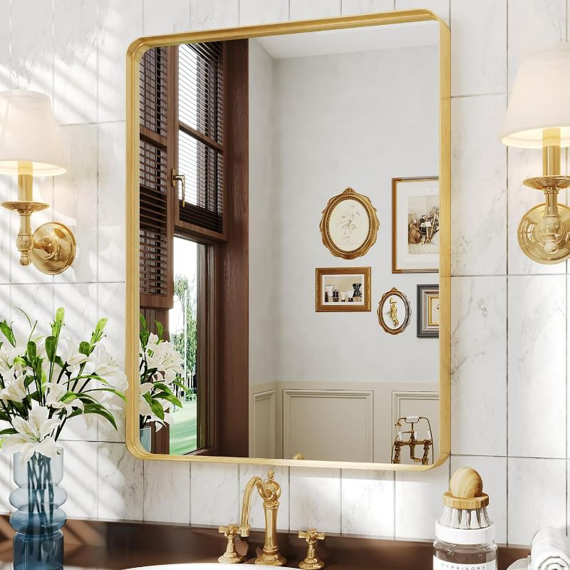 Photo 1 of Bathroom Mirror, 22" x 30" Wall Mounted Vanity Brushed Rounded Corner Metal Framed, Rectangle Bathroom Vanity Mirror, Tempered Glass, Anti-Rust, Horizontal/Vertical
