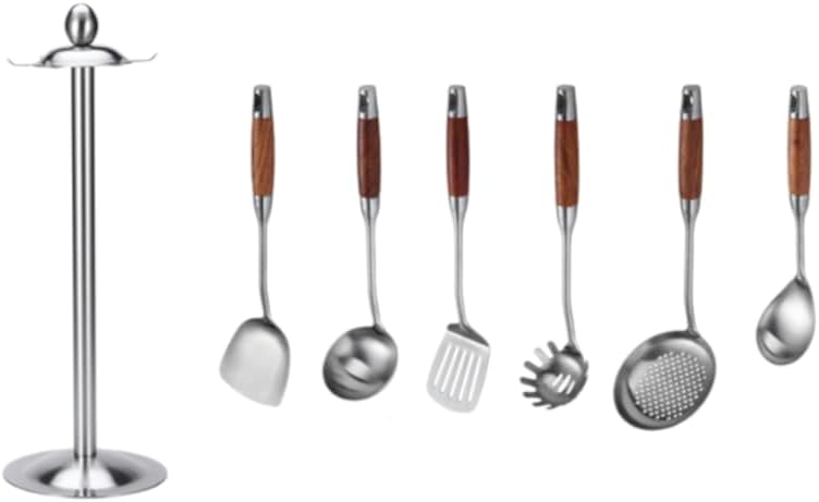 Photo 1 of Utensils set for cooking, stainless steel & wood - soup ladle, slotted spoon, turner, spatula, pasta server and a rice scoop comes with a round shelf
