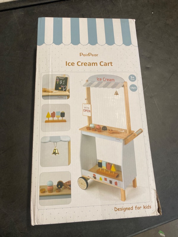 Photo 3 of PairPear Wooden Toys Ice Cream Cart,Toddler Grocery Store Ice Cream Counter Playset for Kids,Pretend Play Kitchen Toys Gift for Boys and Girls 3 Years and up

