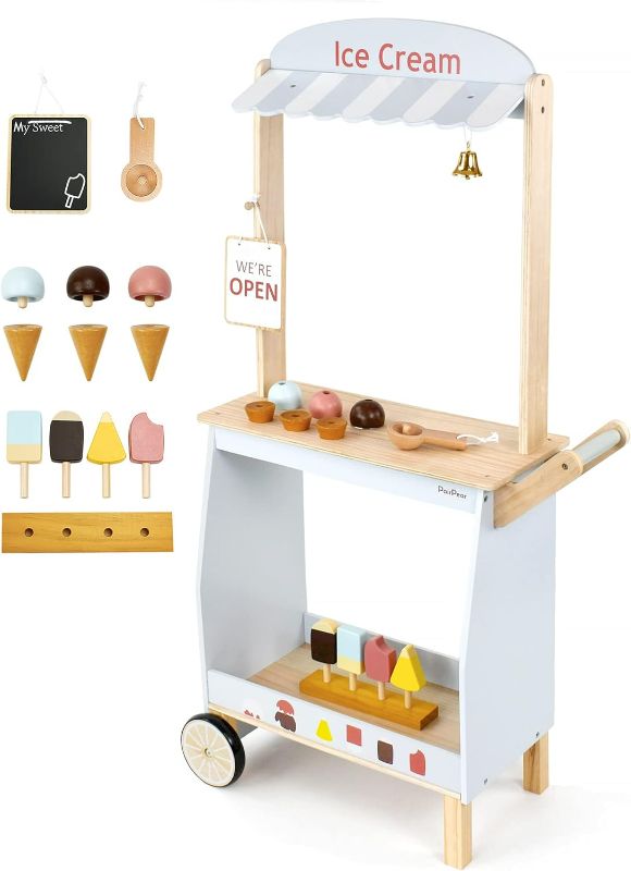 Photo 1 of PairPear Wooden Toys Ice Cream Cart,Toddler Grocery Store Ice Cream Counter Playset for Kids,Pretend Play Kitchen Toys Gift for Boys and Girls 3 Years and up
