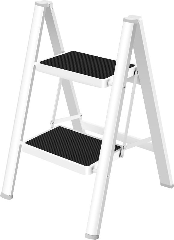 Photo 1 of HBTower Step Ladder 2 Step Folding Stool, 330 Lbs Capacity Small Step Stool for Adults, Closet Step Stool Ladder with Anti-Slip Wide Pedals Household Office, White

