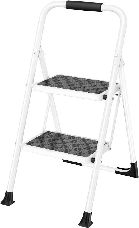 Photo 1 of HBTower Step Ladder, 2 Step Stool for Adults,2 Step Ladder Folding Step Stool with Cushioned Handle,330 lbs Capacity,Step Ladder with Wide Anti-Slip Pedal Ergonomic Design,White
