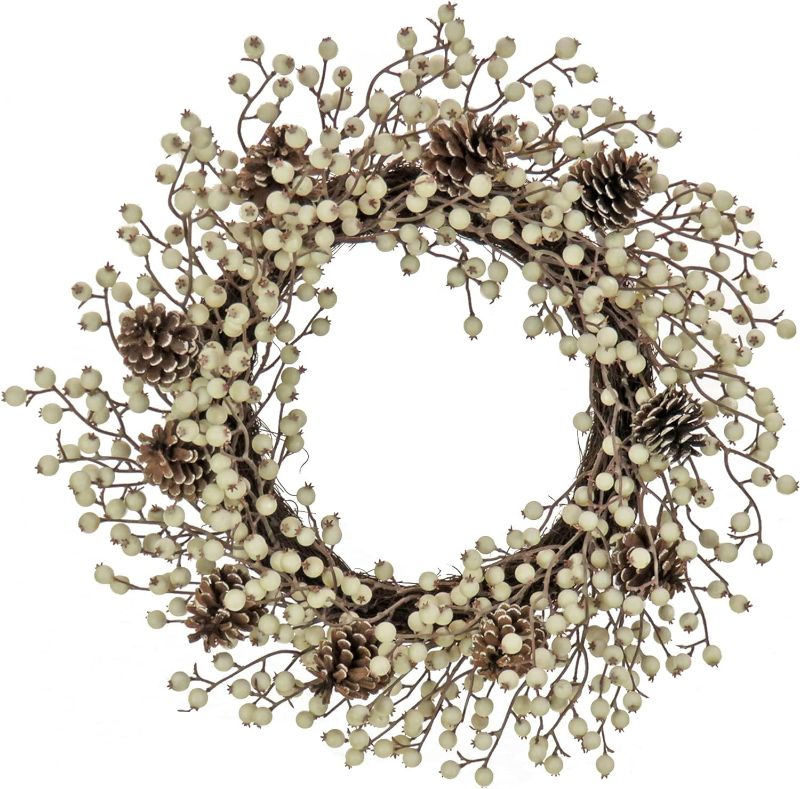 Photo 1 of HGTV Home Collection Unlit Artificial Christmas Wreath, Clusters of Long Stemmed Berries, Woven Branch Ring Base, Unlit, 24 Inches
