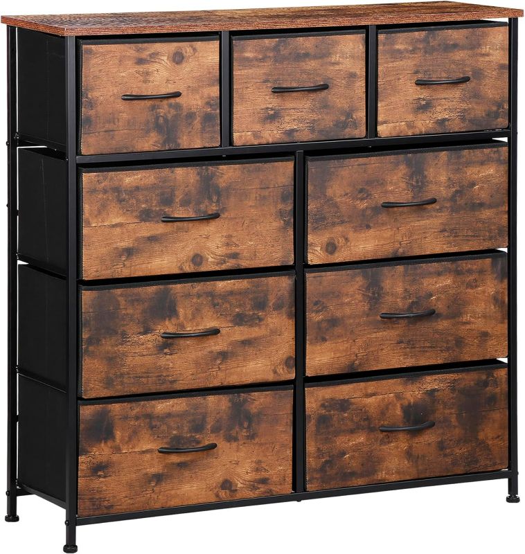 Photo 1 of ZENY 9 Drawers Dresser, Fabric Storage Tower, Organizer Unit for Bedroom, Living Room, Hallway, Closet, Nursery, Tall Chest with Fabric Bins, Steel Frame, Wooden Top & Easy Pull Handle (Rustic Brown)
