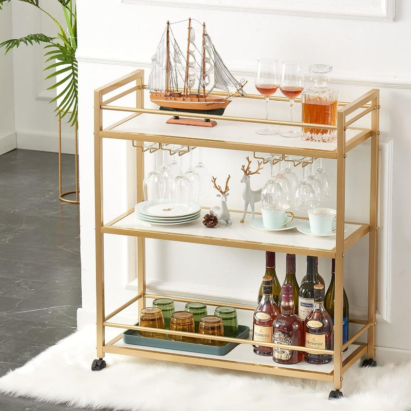 Photo 1 of Gold Bar Cart with 3 Shelves, Wine Glass Bottle Storage Bar Serving Cart with Wheels for Kitchen Living Room (31.5”W, White)

