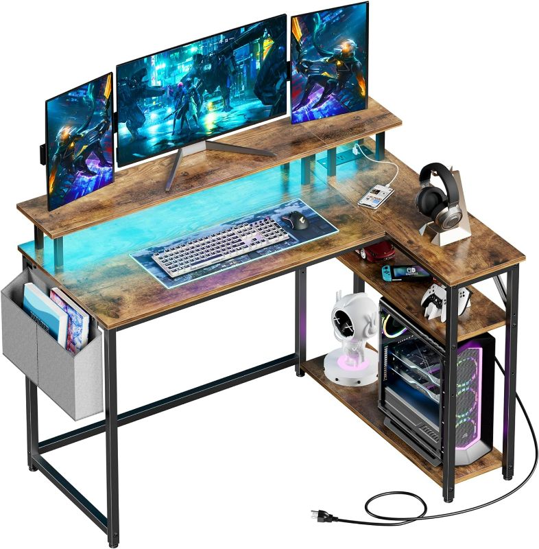 Photo 1 of Mr IRONSTONE L Shaped Desk with Power Outlets & LED Lights, Computer Desk with Long Monitor Stand, 47 Inch Office Desk, Corner Desk for Small Space, Home Office Desk, Rustic Brown
