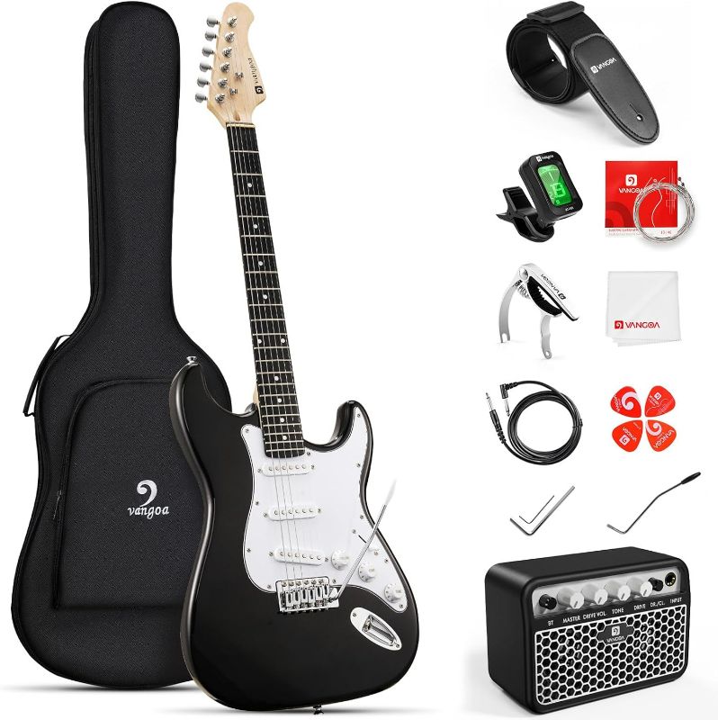 Photo 1 of Vangoa Electric Guitar, Full Size Electric Guitar Beginner Starter Kit Black 39 Inch Solid Body Package with Folding 10W Amp Bag Digital Tuner Capo Strap String Cable Picks
