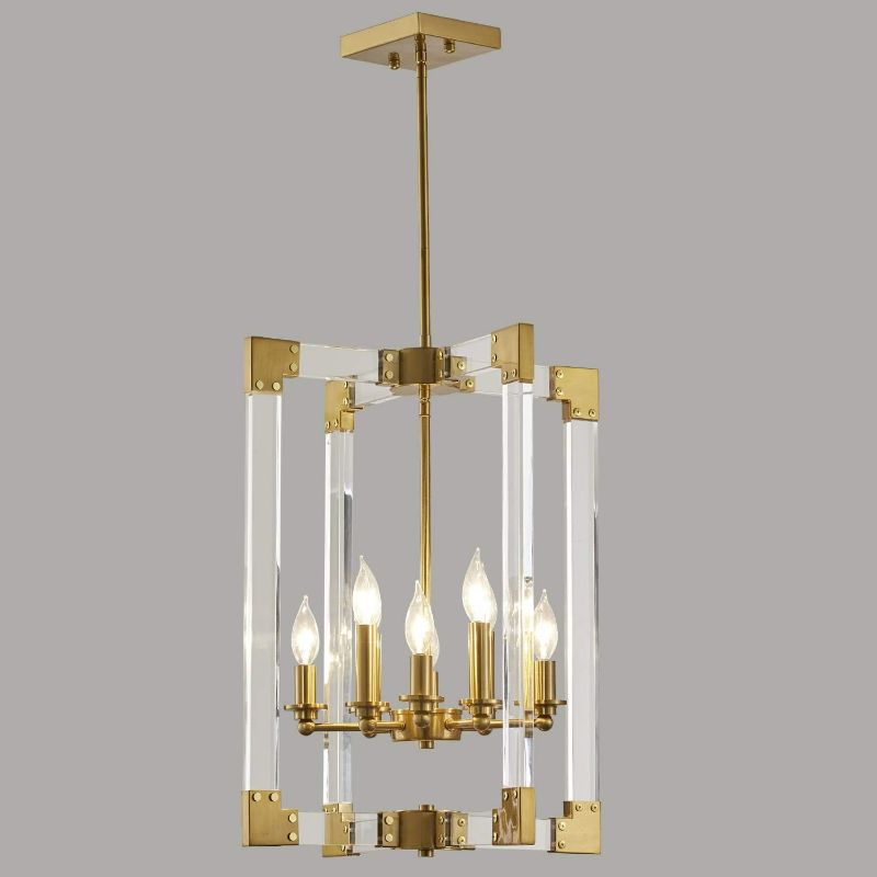 Photo 1 of Hanging Pendant Light Fixture-8 Light Rectangle Clear Brass Modern Chandelier for Dining Room, Bedroom, Foyer and Entryway
