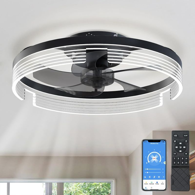 Photo 1 of Low Profile Ceiling Fan with Light: 20'' Modern Flush Mount Ceiling Fans with Remote Control - Small Reversible Timing Dimmable Bladeless Fan for Indoor Bedroom Living Room Kitchen, Black

