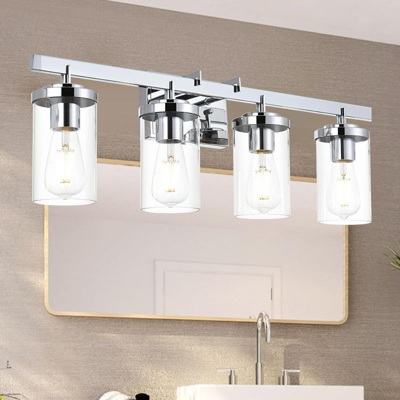 Photo 1 of BONLICHT Contemporary Bathroom Vanity Light Fixtures 4-Lights Cylinder Clear Glass Shade Modern Farmhouse Chrome Wall Sconce Lighting Industrial Bath Vanity Lights Over Mirror

