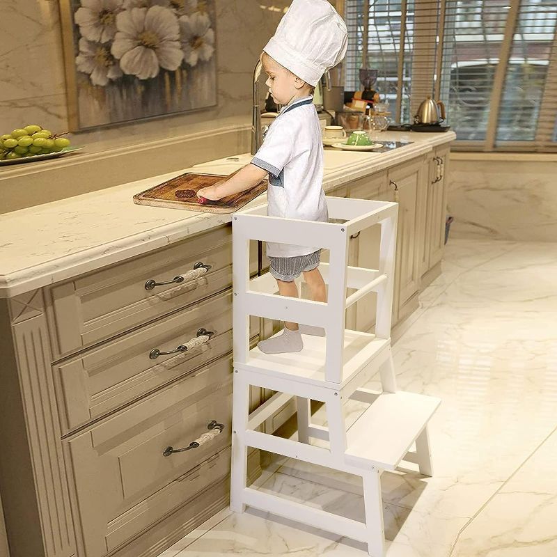 Photo 1 of Kitchen Step Stool for Toddlers with Non-Slip Mat, WOOD CITY Wooden Kids Montessori Learning Stool Tower, Toddler Standing Tower Helper for Kitchen Counter and Bathroom Sink(White)
