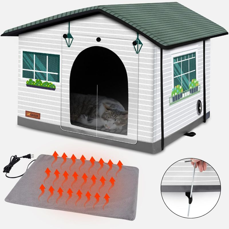 Photo 1 of GASUR Weatherproof Heated Cat House, Insulated Heated Cat House Indoor/Outdoor with Heated Pad for Winter, Heated Cat Shelter Providing Safe Feral Outdoor Cat House for Cats or Small Dogs(20"x17"x16")
