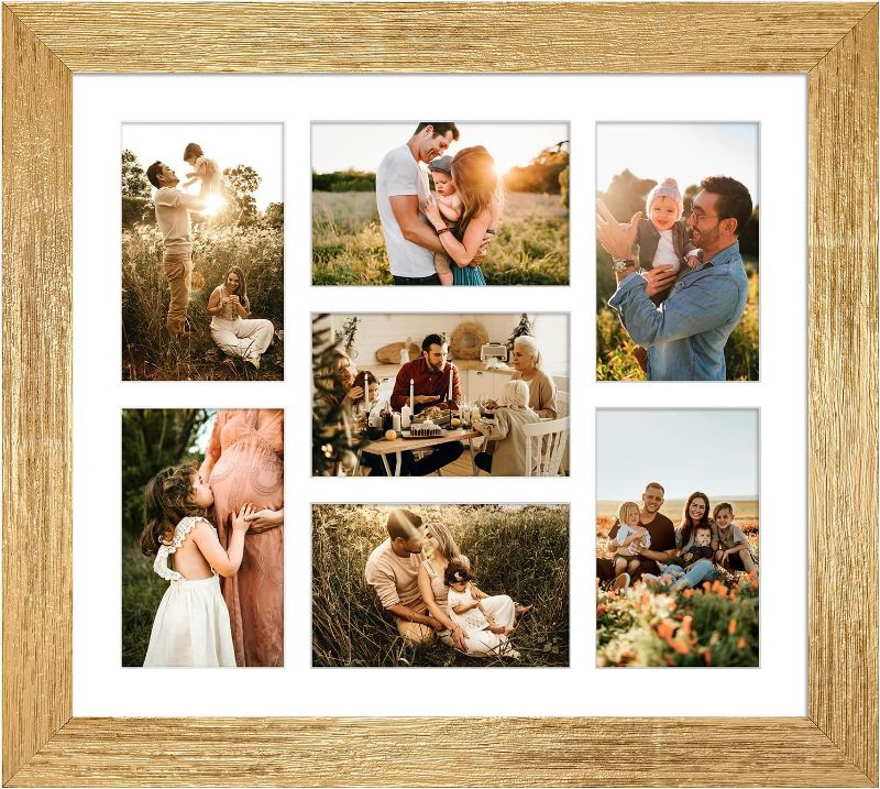 Photo 1 of 13.5x15.5 Picture Frame Display 7 opening 4X6 Picture Frame Collage,Multi Photo Frame with Mat,Plexiglass,Wall or Tabletop Decor,Gold
