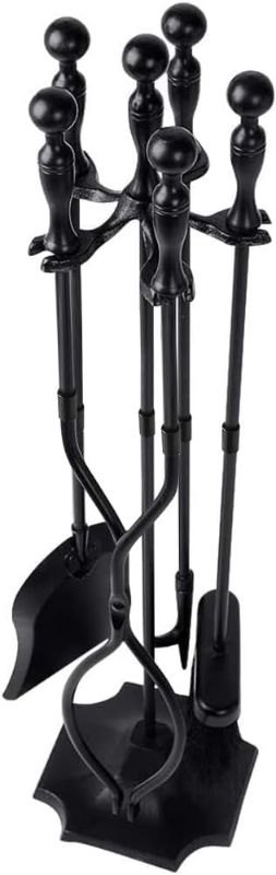 Photo 1 of AMAGABELI GARDEN & HOME 5 Pcs Fireplace Tools Sets Black Handle Wrought Iron Large Fire Tool Set and Holder Outdoor Fireset Stand Rustic Antique
