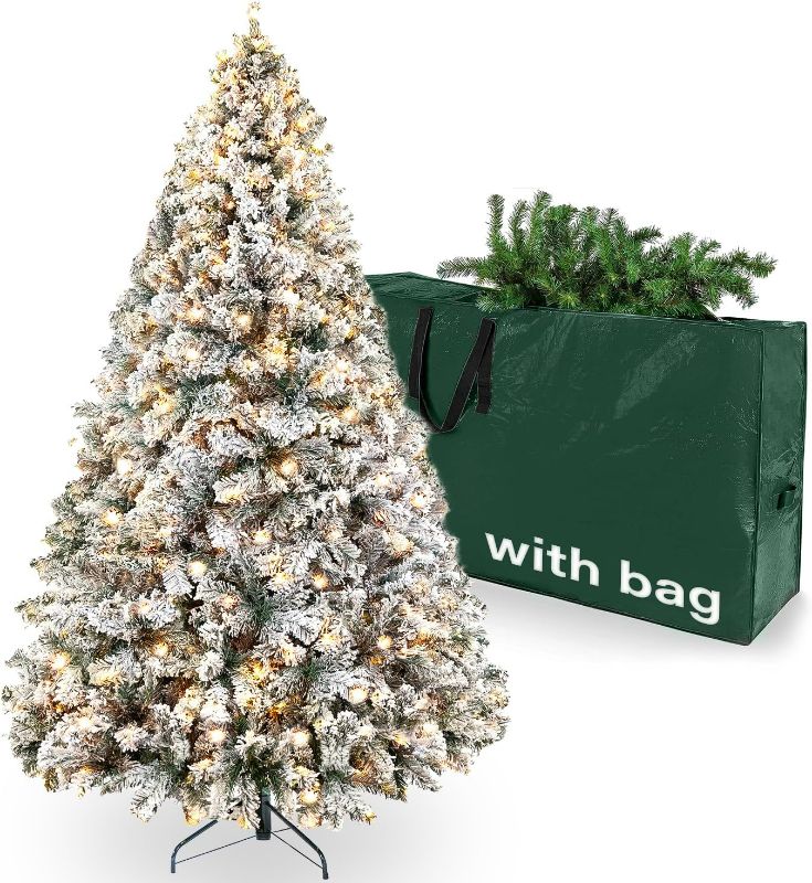 Photo 1 of 6.5ft Pre- Snow Flocked Christmas Tree, Artificial Xmas Tree W/Storage Bag, Metal Stand, for Home Office Party Decoration
