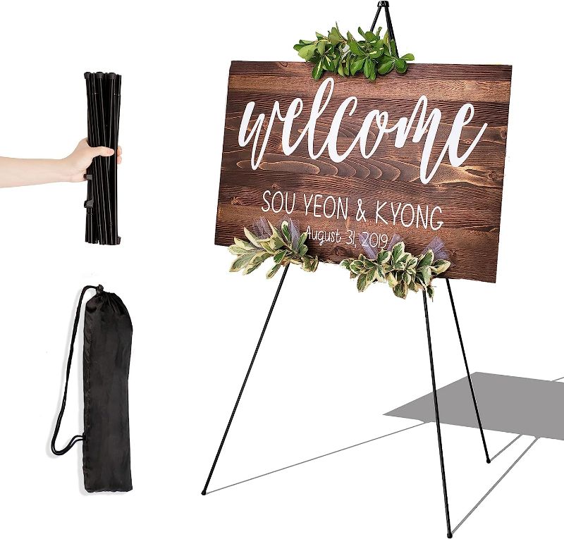 Photo 1 of Easel Stand for Display Wedding Sign & Poster - 63 Inches Tall Easle for Display Holder - Portable Collapsable Poster Easel - Floor Adjustable Metal Painting Easels Tripod Black
