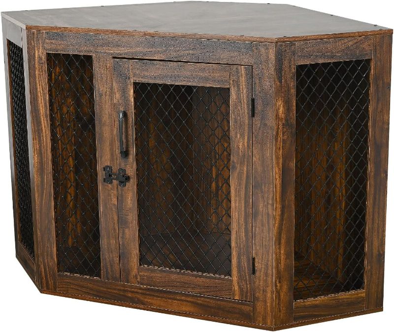 Photo 1 of Corner Dog Crate Furniture, Wooden Dog Kennel End Table with Door Furniture Style Dog House Pet Crate Indoor Use for Small Dogs (L33.4 x W24.4 x H19.7in)
