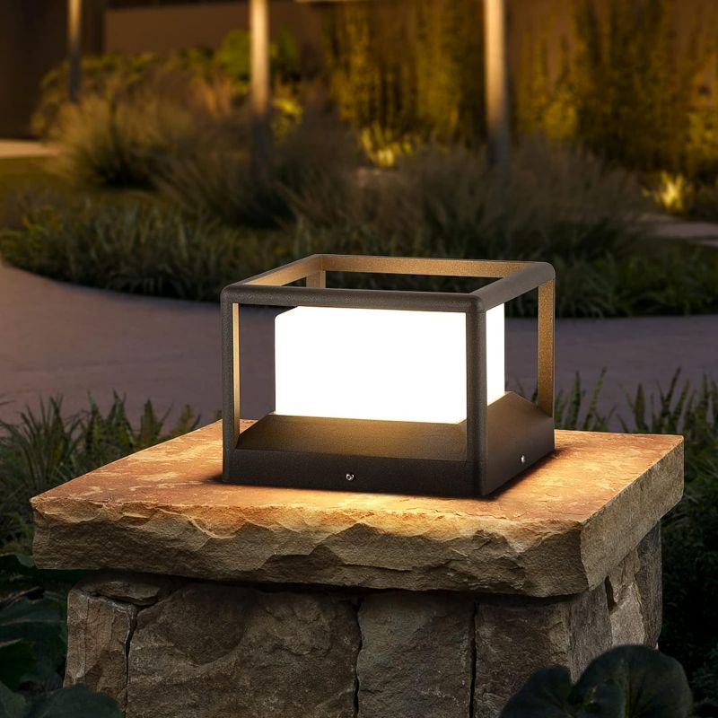 Photo 1 of Outdoor Post Cap Light, Modern Medium-Sized High Voltage Wired Fence Deck Cap Light Landscape IP65 Waterproof Lantern Column Lamp for Flat Surface Patio Posts Garden Decoration??9"x 9"x 6.5"?
