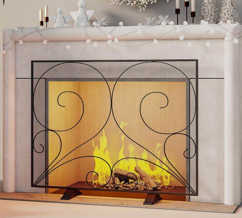 Photo 1 of Fire Beauty Single Panel Fireplace Screen Handcrafted Solid Wrought Iron Mesh, Heat-Resistant Fire Spark Guard for Fireplace-Black
