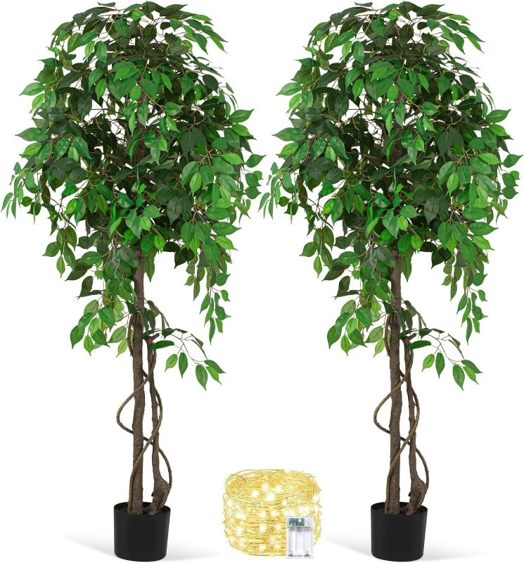 Photo 1 of 6FT Artificial Ficus Tree Tall Faux Trees Indoor, Fake Silk Tree Fake Plants with Plastic Nursery Pot for Office Home Farmhouse Living Room Floor Decor 2 Pack
