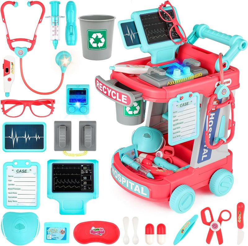 Photo 1 of deAO Toy Doctor Kit for Kids Ages 3+, Deluxe Pretend Play Medical Station Set, Toddlers Doctor Role Play Costume Playset with Mobile Cart Lights, Stethoscope,Thermometer, Medical Kit(Pink)
