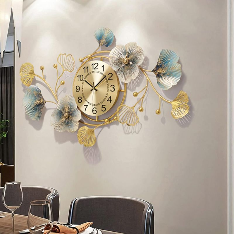 Photo 1 of Large Decorative Wall Clock, Light Luxury Atmosphere Ginkgo Leaf Quartz Clock with Silent Movement, Wall Decor for Living Room Bedroom Office Space,83x48x4cm
