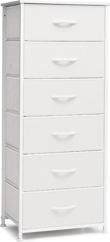 Photo 1 of Crestlive Products Vertical Dresser Storage Tower - Sturdy Steel Frame, Wood Top, Easy Pull Fabric Bins, Wood Handles - Organizer Unit for Bedroom, Hallway, Entryway, Closets - 6 Drawers (White)
