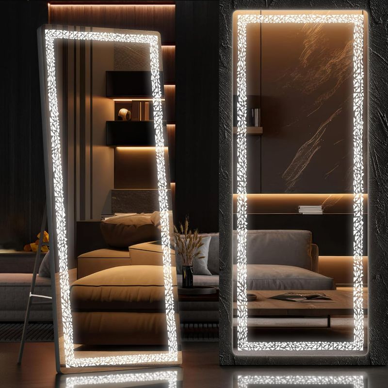 Photo 1 of Hasipu 56" x 16" Full Length Mirror with LED Lights, Full Body Mirror with Triangle Pattern Light, LED Free Standing Floor Mirror, Wall Mounted Mirror Dimming & 3 Color Modes for Bedroom, Black
