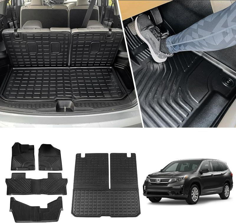 Photo 1 of Floor Mats Compatible with 2016-2022 Honda Pilot 8 Seats Trunk Mat TPE Cargo Liner Back Seat Cover Protector for Honda Pilot Accessories (8-Seater Cargo Mat with Backrest Mat+Floor Mats)
